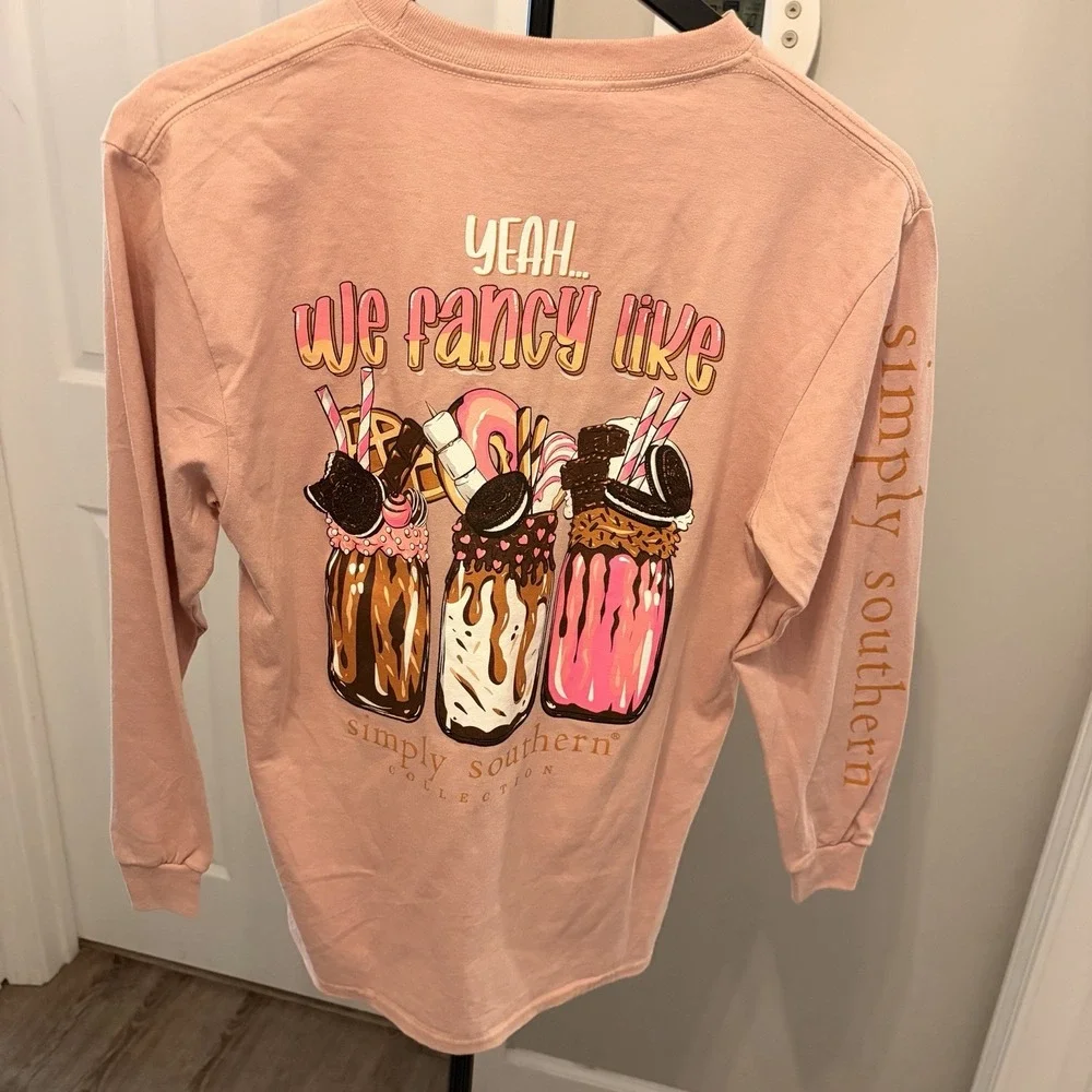 NWT Simply Southern Fancy Like Milkshake Long Sleeve Tee Pink Youth Large